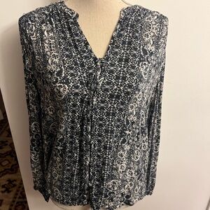 Lucky Brand Women’s V Neck Blouse Long Sleeve Navy Boho Large